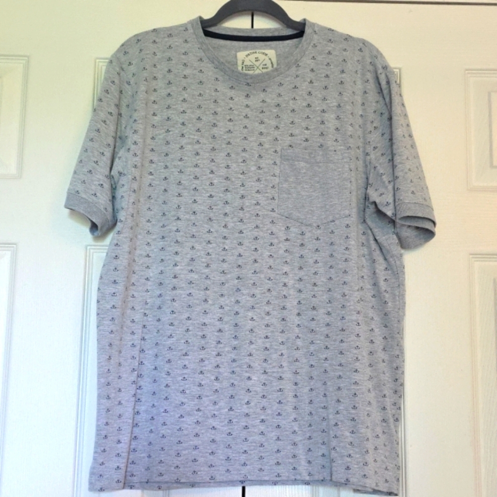 Native Code Mens Gray Short Sleeve Pocket Tee with Blue Anchor Print, XL